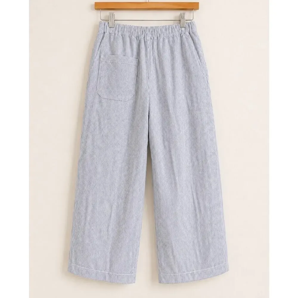 Quince 100% European Linen Pants S Blue Pinstripe Coastal Cropped Ankle Pull On